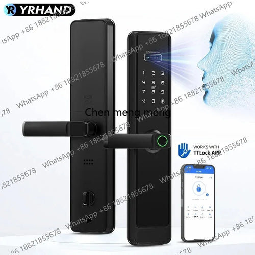 Black smart door lock with keypad, lever handle, and display keypad digits
