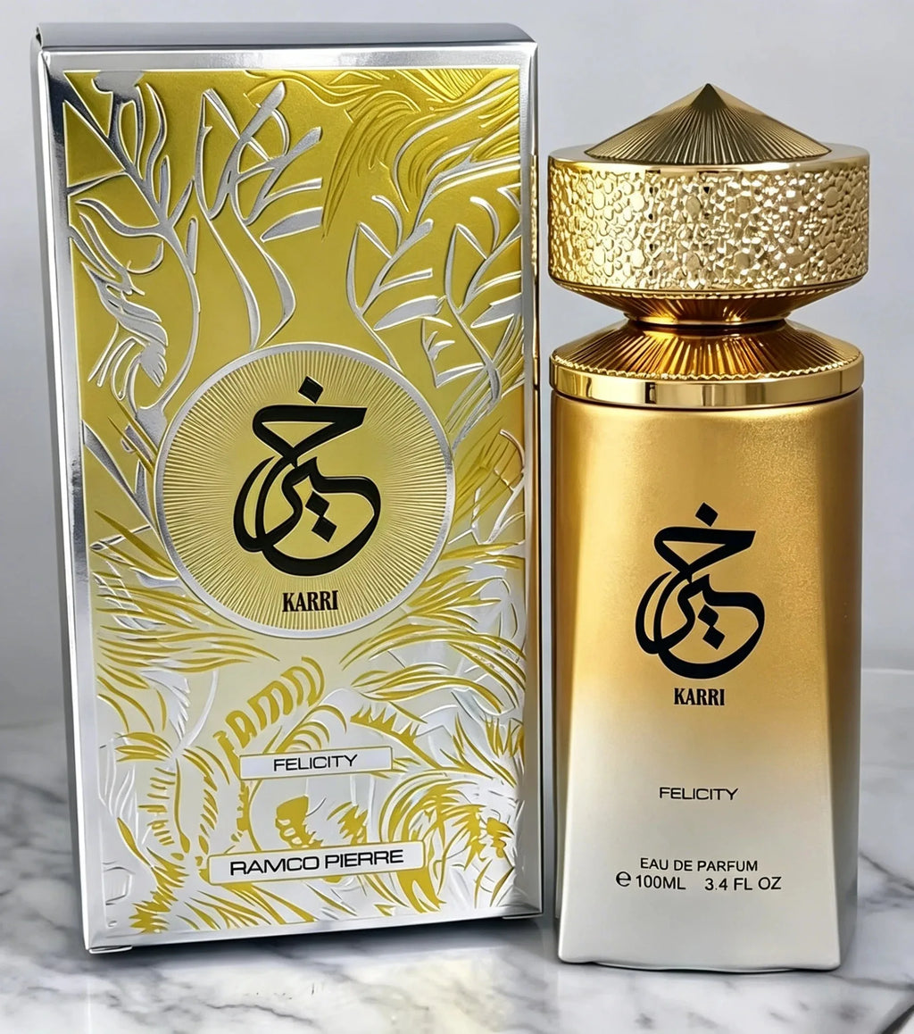 Ramco Pierre Karri Felicity 100ml EDP: Premium gold Arabian perfume for men and women, sleek bottle, textured cap.