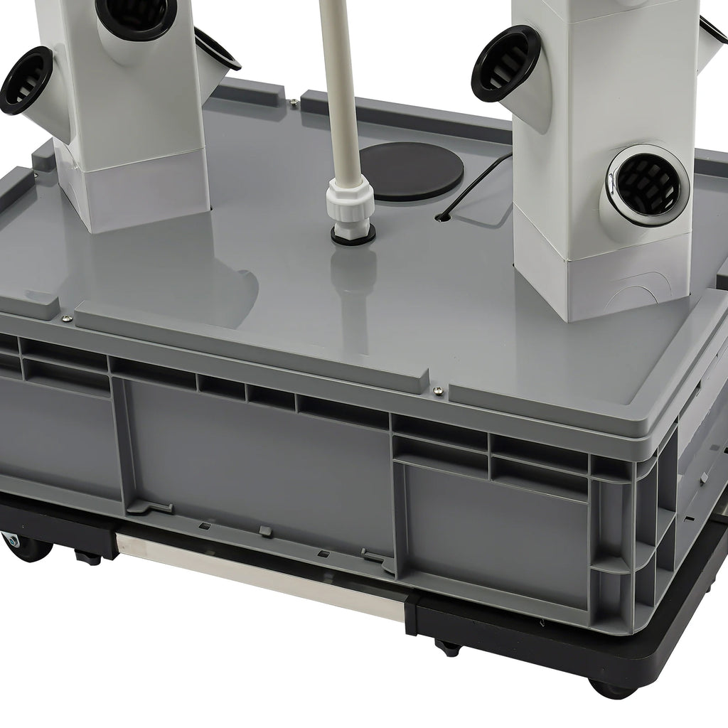 Hydroponic growing tower base with black wheels and gray storage tray, white housing
