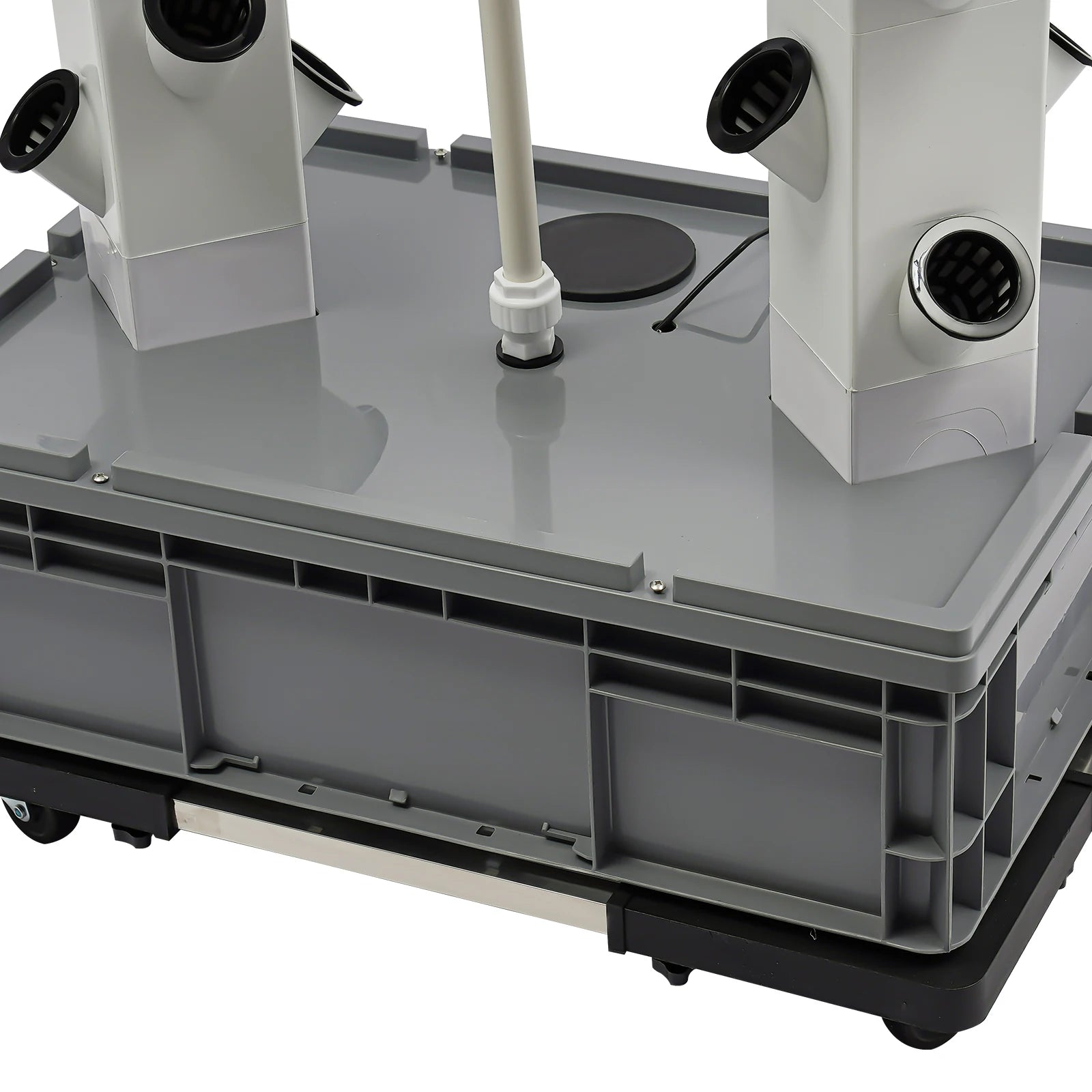 Hydroponic growing tower base with black wheels and gray storage tray, white housing