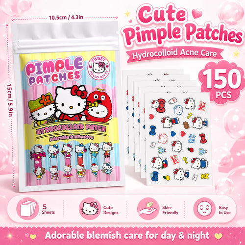 150pcs hydrocolloid acne patch sticker packs with Hello Kitty face designs in boxed sheets