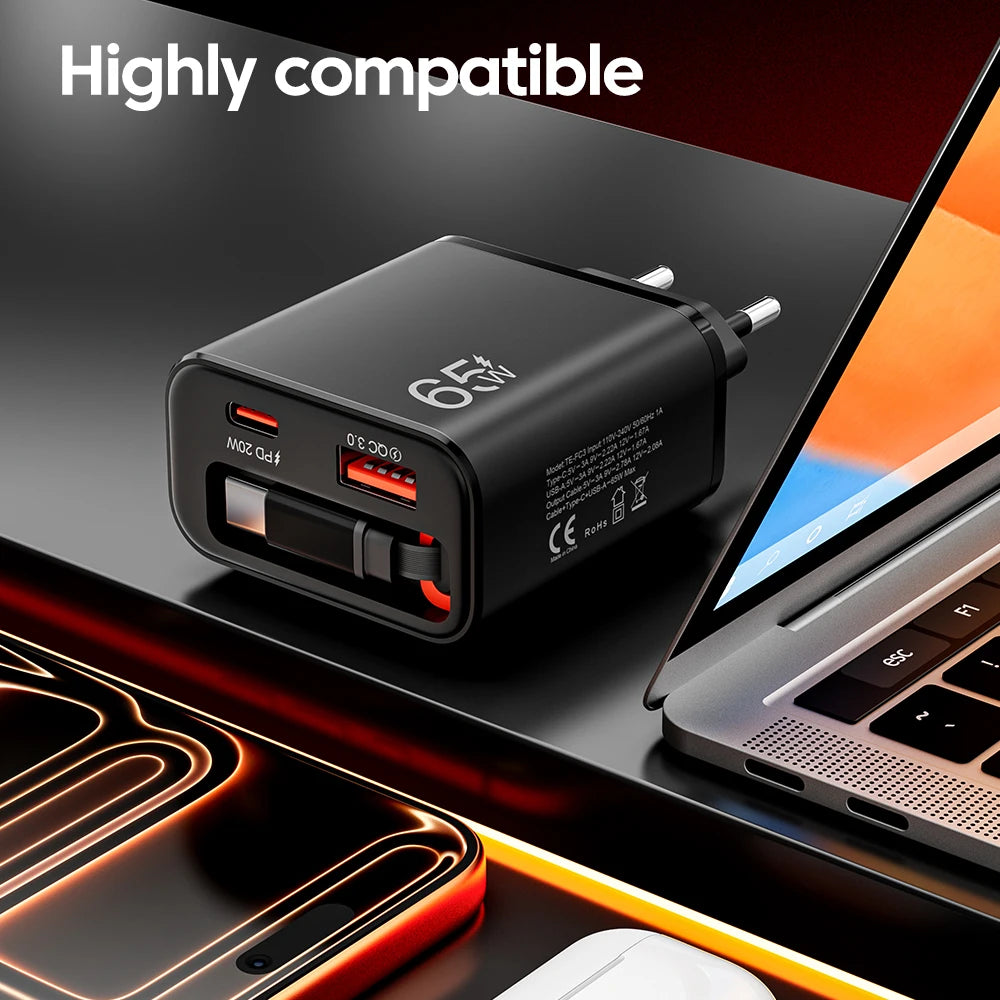 65W USB C Fast Charger with Retractable Cable - Tidesmit Tidesmit