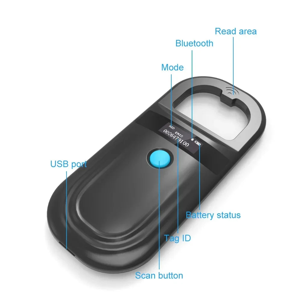 Handheld pet microchip scanner with OLED display for cats and dogs. Rechargeable RFID reader for FDX-B and EMID tags.
