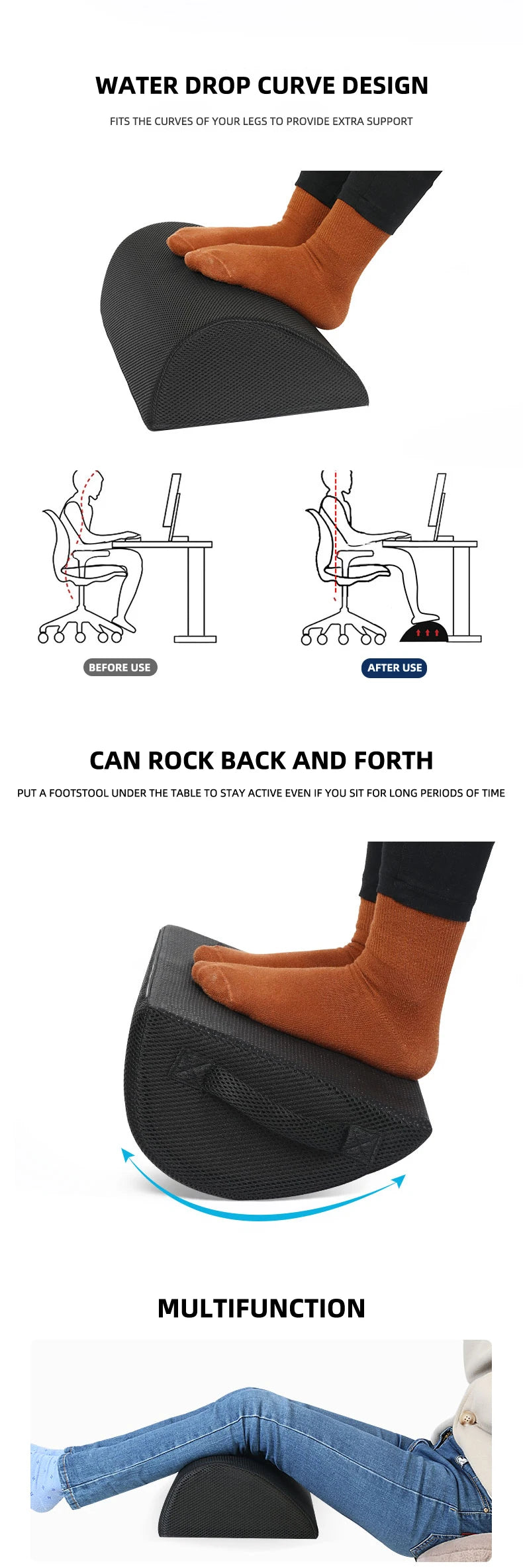 Black memory foam ergonomic footrest for office desk, designed to improve posture and rock for leg support.