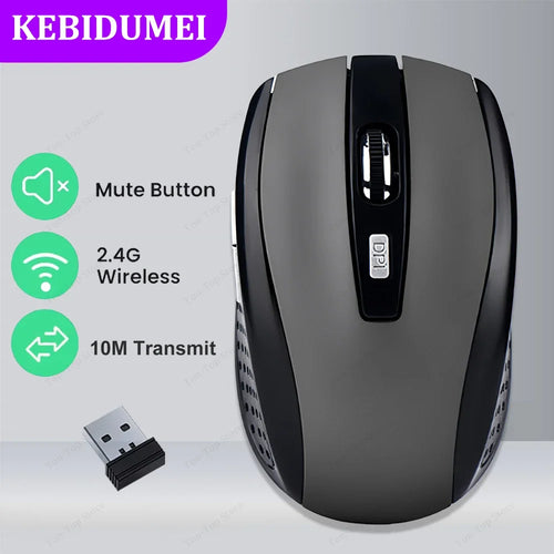 Grey and black ergonomic wireless mouse with a scroll wheel, DPI button, and USB receiver.