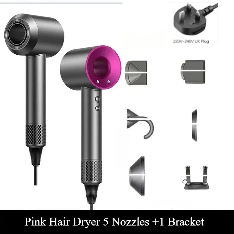 Professional leafless hair dryer in grey and pink with 5 styling nozzles, wall bracket, and UK plug.