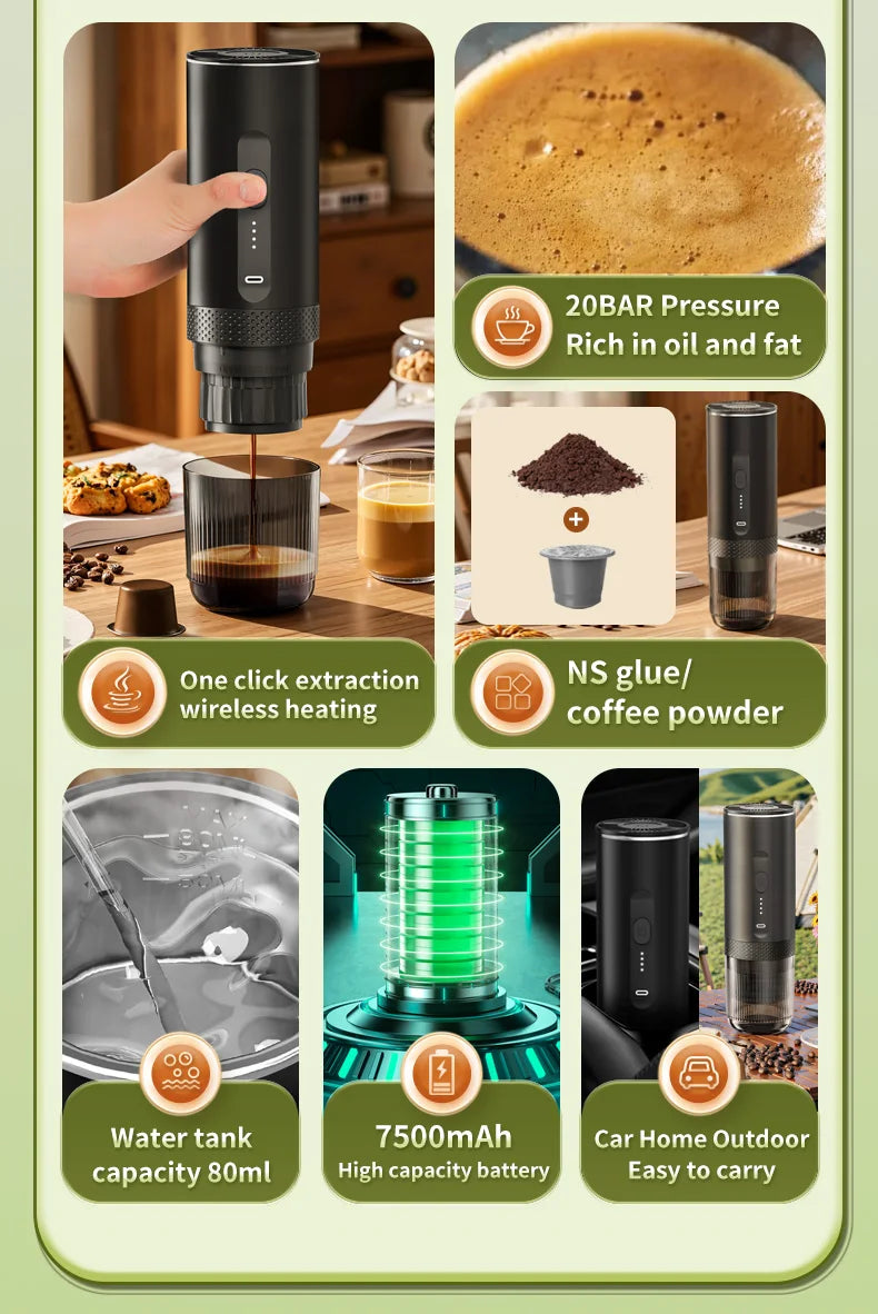 Portable black wireless espresso maker with 80ml tank, 20-bar pressure, and 7500mAh battery for coffee grounds or pods.