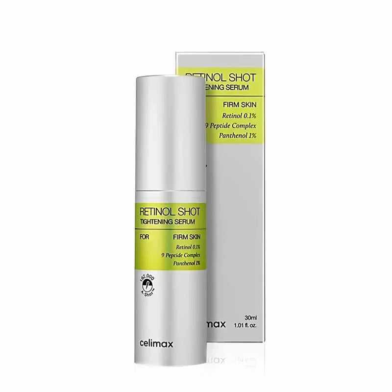 Retinol Shot tightening serum bottle with silver-and-green product box