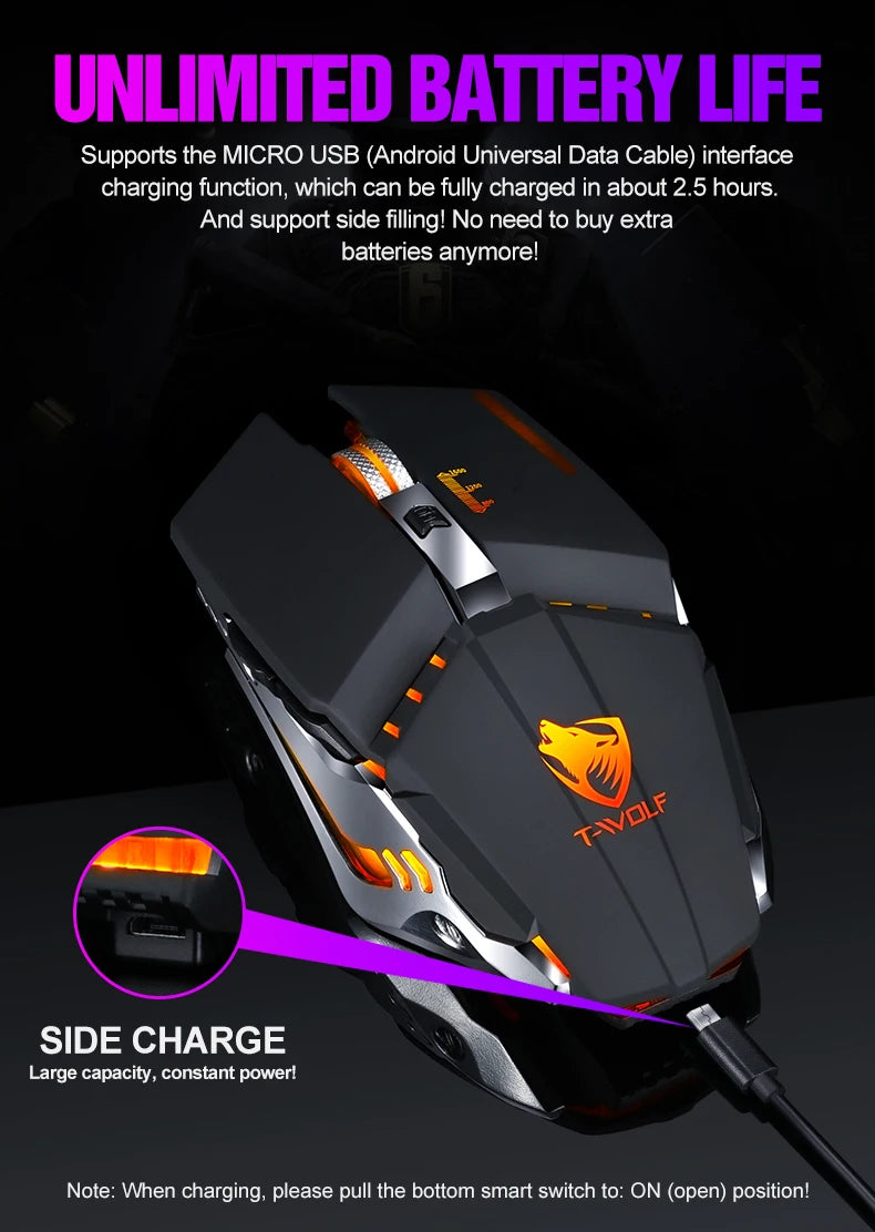 T-WOLF Thunderwolf Q15 Rechargeable Wireless Mouse RGB Glow Game Office Silent Laptop 2.4g Rechargeable Wireless Mouse