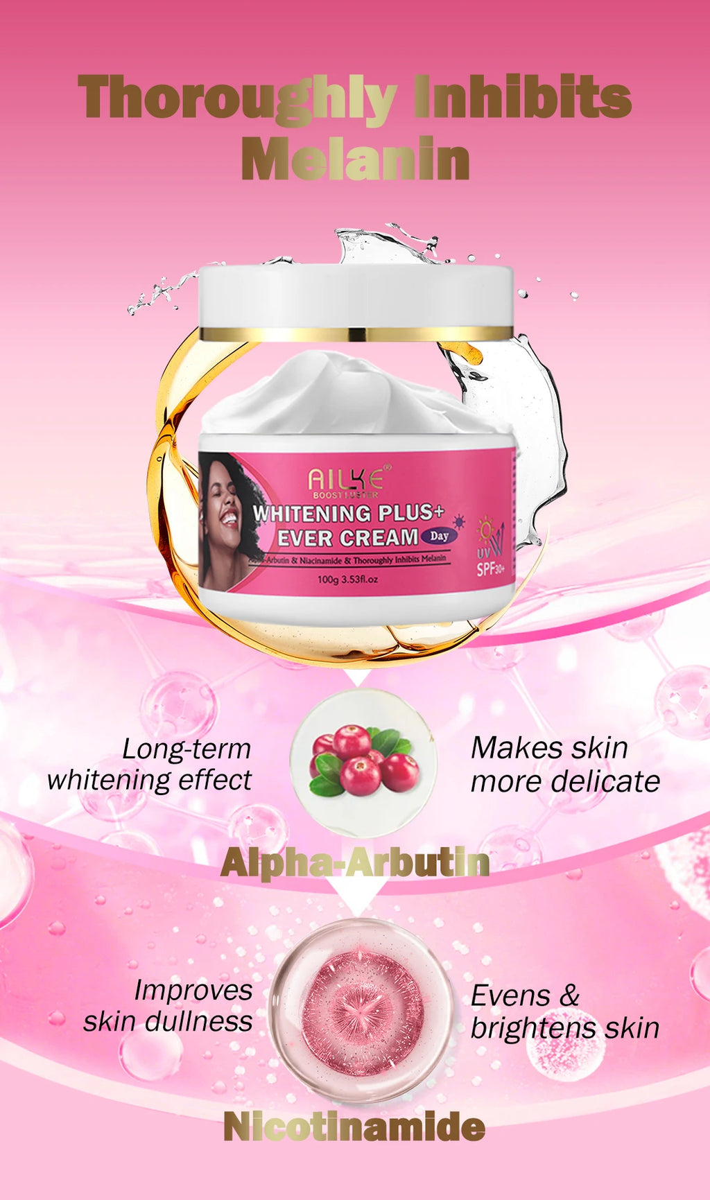AILKE Whitening Plus+ Ever Cream with Alpha-Arbutin and Niacinamide for dark spots and brightening in a round jar.
