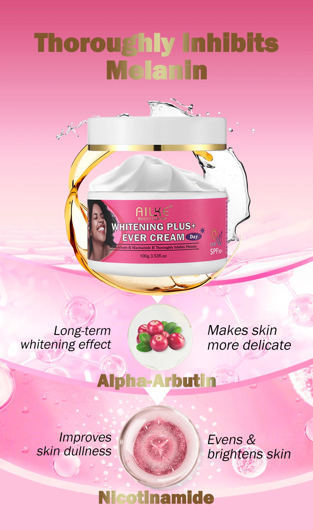 AILKE Whitening Plus+ Ever Cream with Alpha-Arbutin and Niacinamide for dark spots and brightening in a round jar.