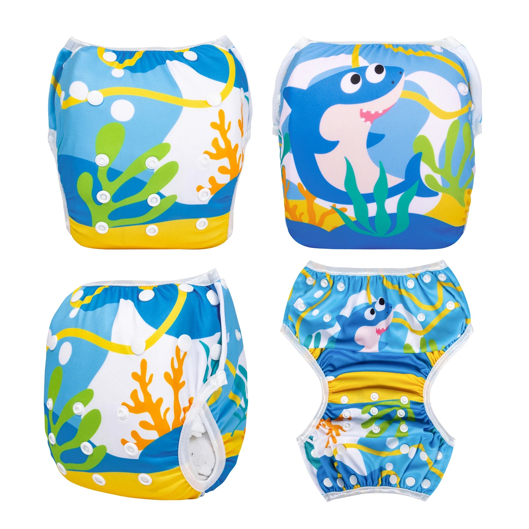 Reusable shark-print baby swim diaper with adjustable snap buttons for infant pool and water care.