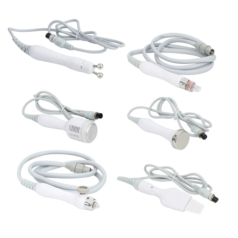 AOKO 6-in-1 hydro dermabrasion facial machine white handpieces with various skin care probe attachments and cables.