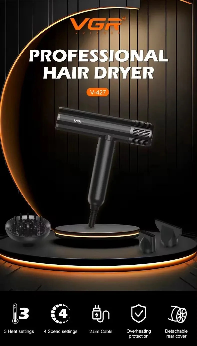 Black VGR V-427 professional hair dryer with 110k RPM brushless motor, 3 nozzles, and heat/speed settings.
