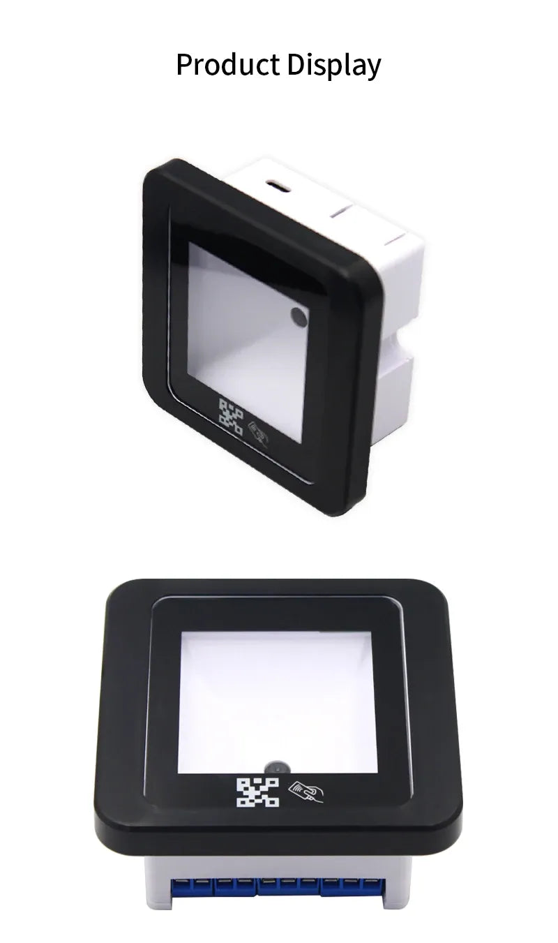 Black QR/RFID reader front and base with blue port strip