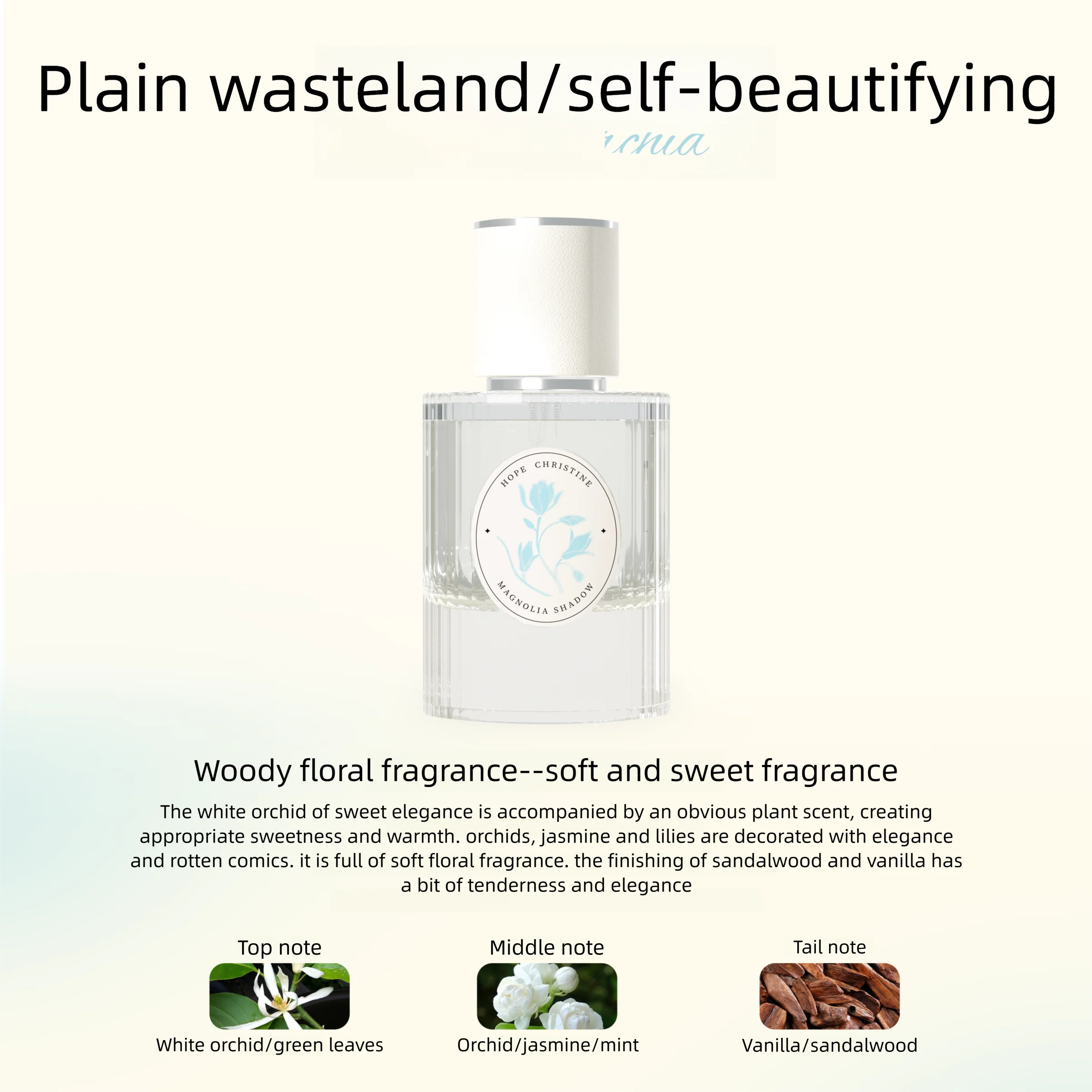 Hope Christine 50ml women’s woody floral perfume. Clear cylindrical bottle, orchid, jasmine, vanilla, sandalwood notes.
