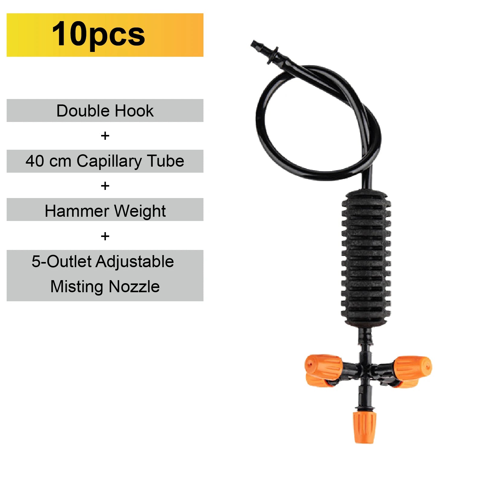 10-pack 5-outlet adjustable misting micro sprinkler nozzle with double hook and capillary tube