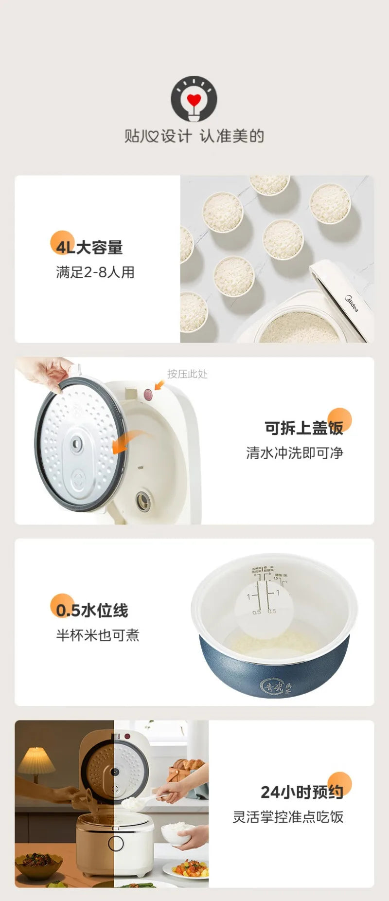 White Midea rice cooker collage showing inner pot and multi-size cooking options