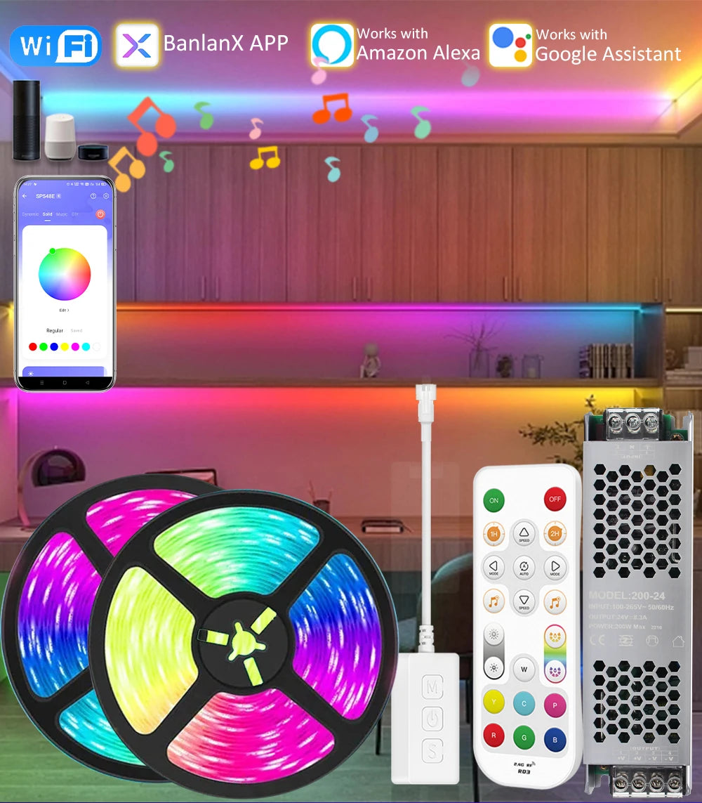 5M 10M 15M 20M Wifi RGBIC LED Strip Light 24V COB WS2811 Pixel Flexible Ribbon FairyNest APP IR Remote Alexa Voice Control Lamp