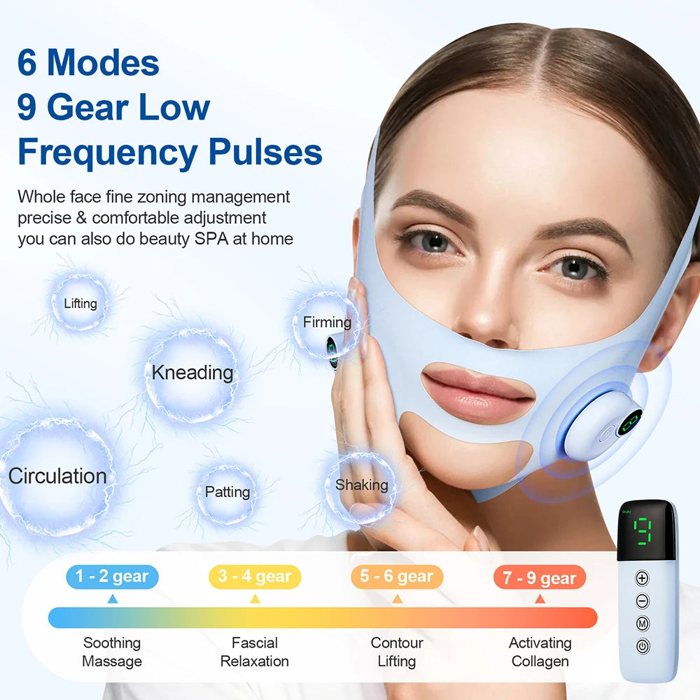 Woman wearing a light blue V-line facial lifting strap with an attached EMS controller and remote control.