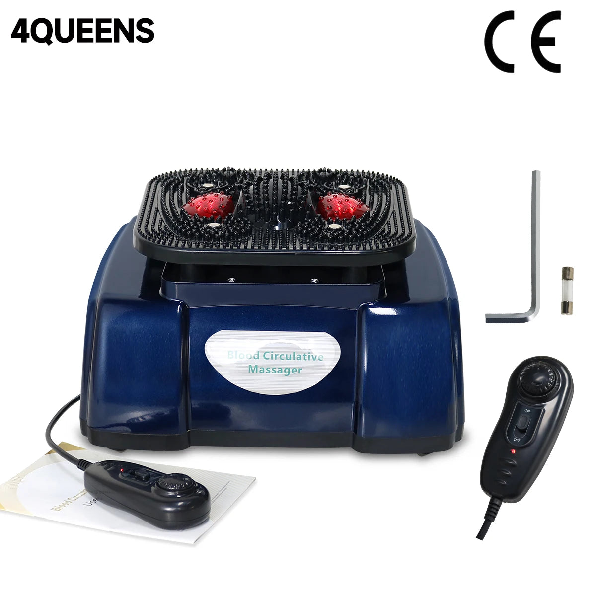 4QUEENS blue electric foot massager for blood circulation, pain relief, and relaxation with remote and textured plate.