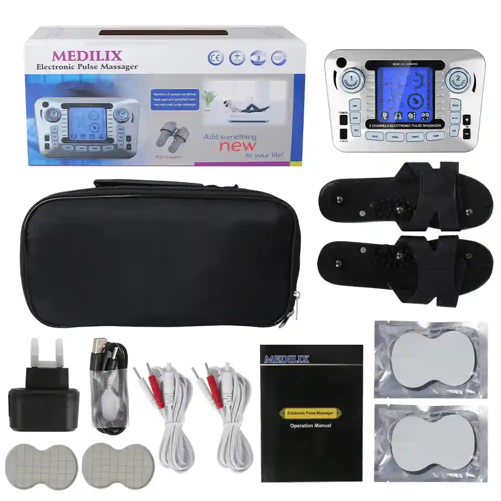 Electronic pulse massager kit with silver control unit, black acupressure slippers, electrode pads, cables, and case.