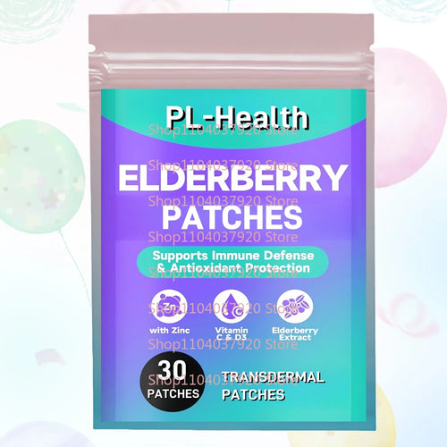 30-count elderberry supplement patches in purple and teal packaging for immune support.