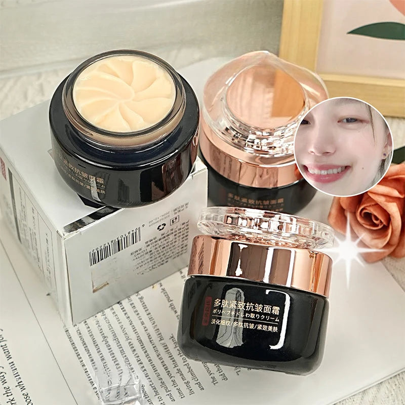 Jars of polypeptide face cream with black bases, rose-gold lids, and a beige, swirl-textured moisturizing cream inside.