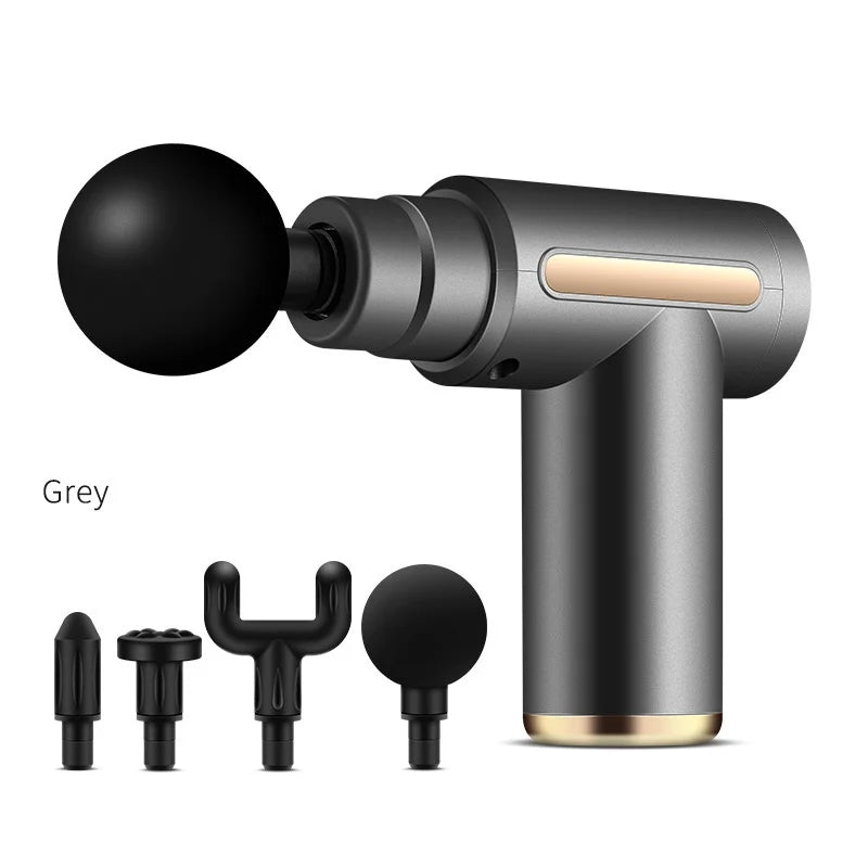 Grey handheld percussion massage gun with four different black massage heads for muscle recovery and deep tissue relief.