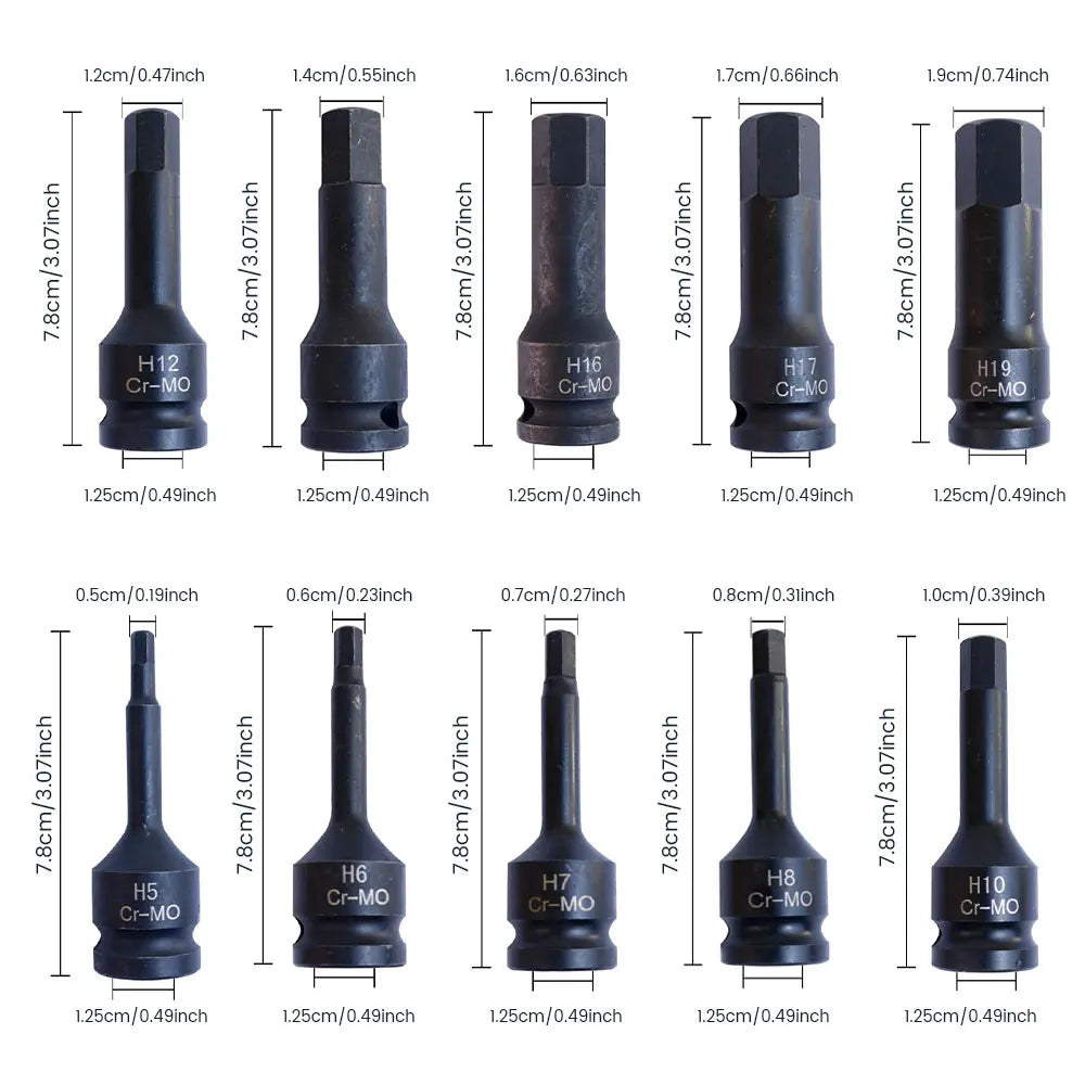 Podofo 10 Pcs Torx Impact Socket Bits 1/2 Inch Drive Socket Adapter Screwdriver Bits Hexagonal Screwdriver Bit Socket Set H5-H19