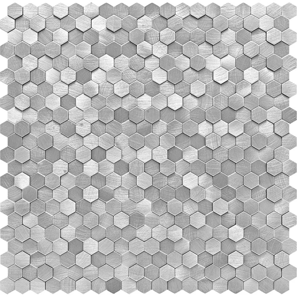 Hexagon metal mosaic tile sheet, white-silver stainless steel finish