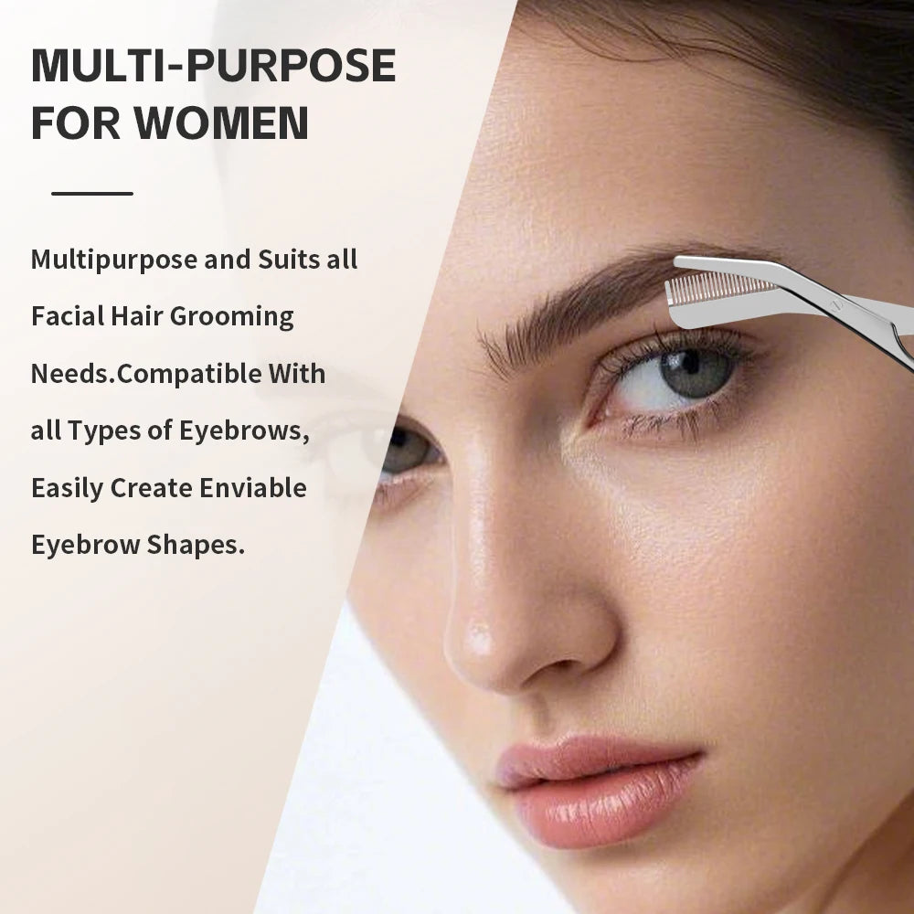 Stainless steel eyebrow trimmer with built-in comb shaping a woman’s brows for precise facial hair grooming.