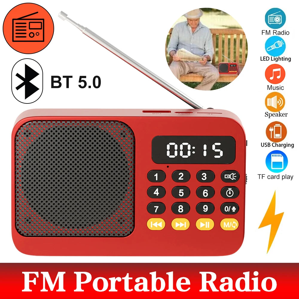Bluetooth 5.0 FM Radio Portable Speaker with LED Light Support Recording TF Card USB Play Wireless Speaker Radio FM Receiver