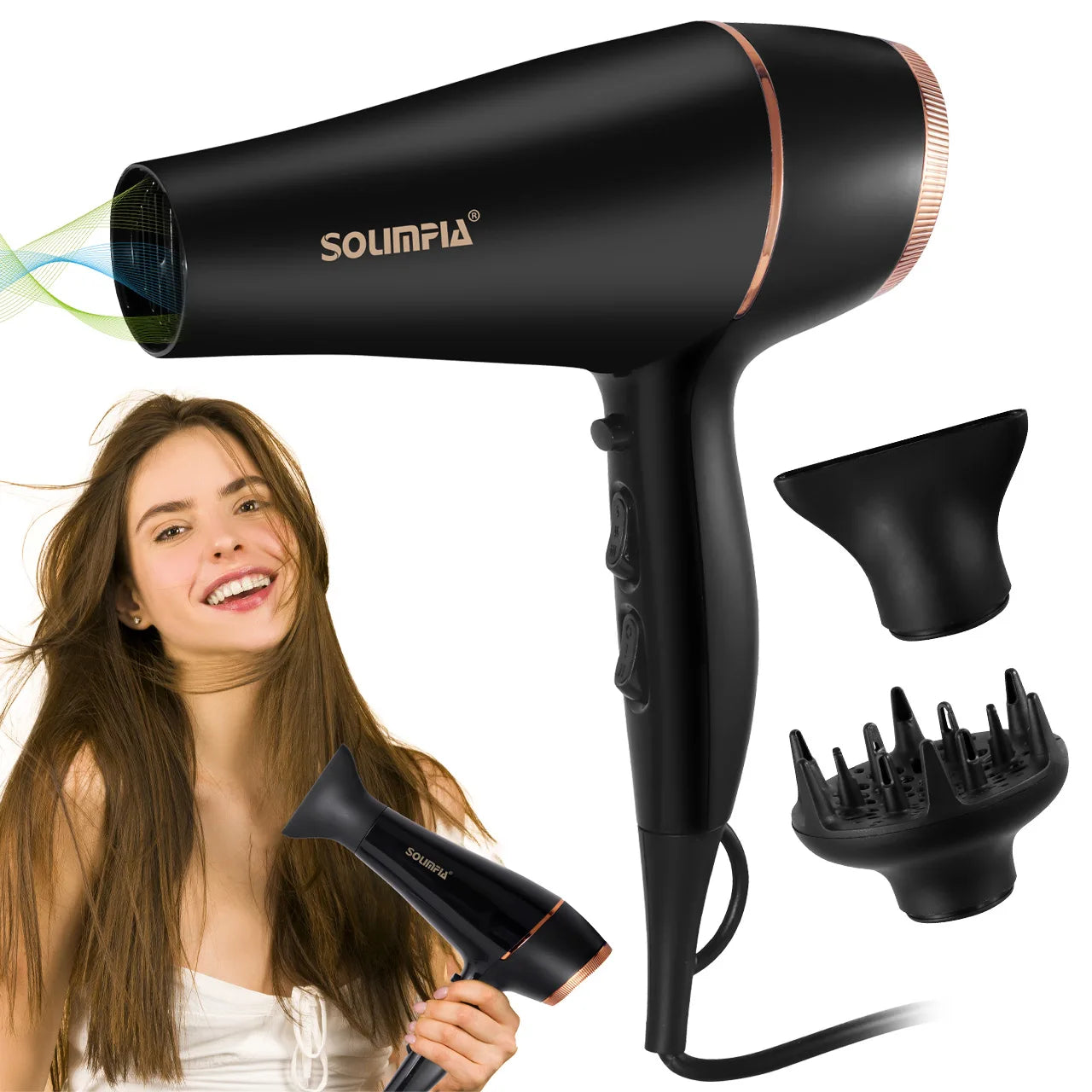 Black professional hair dryer with 6 settings, attachments, and nozzle, ideal for quick salon-grade hair styling.
