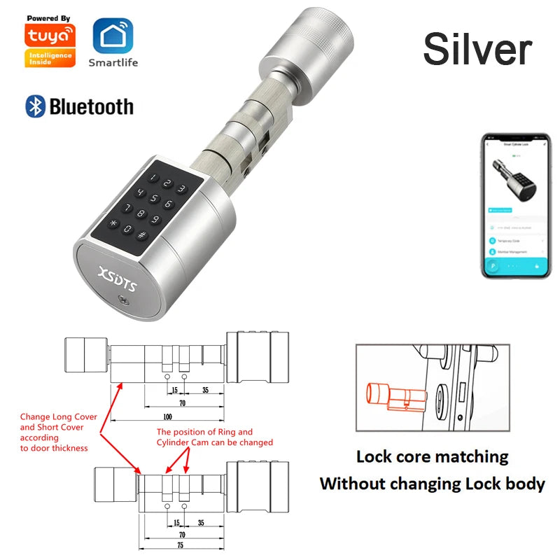 XSDTS Cylinder Electronic Smart Door Lock  Tuya APP Fingerprint Digital Keypad Key Card Remote Control Adjustable Home Apartment