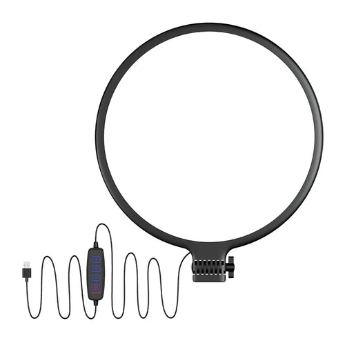 Black circular LED ring light for photography and video with a wired USB controller and adjustable mounting bracket.