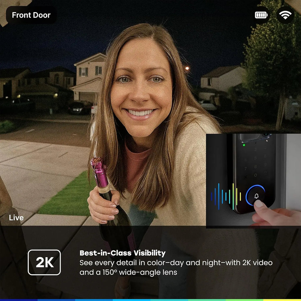 3-in-1 Smart Lock with 2K Video Doorbell Camera, Face & Fingerprint Access, Color Night Vision & Two-Way Audio