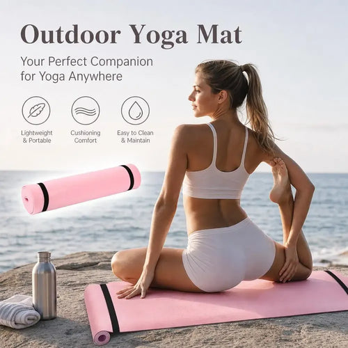 Nonslip yoga mat for fitness and Pilates, side angle view of pink portable smart yoga mat for outdoor exercise.