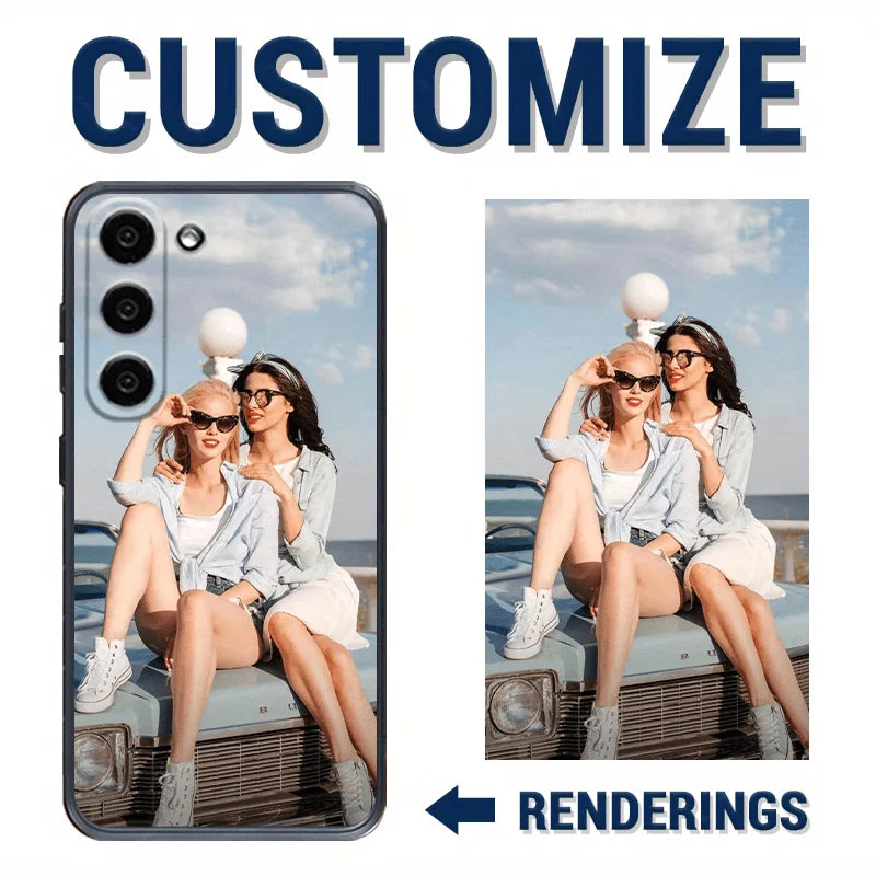 Custom phone case featuring a photo of two women sitting on a vintage car, printed on a slim-profile hard shell.