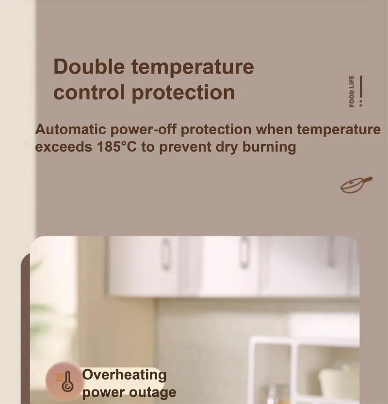 Electric cooking pot double temperature control protection infographic with overheat power-off text