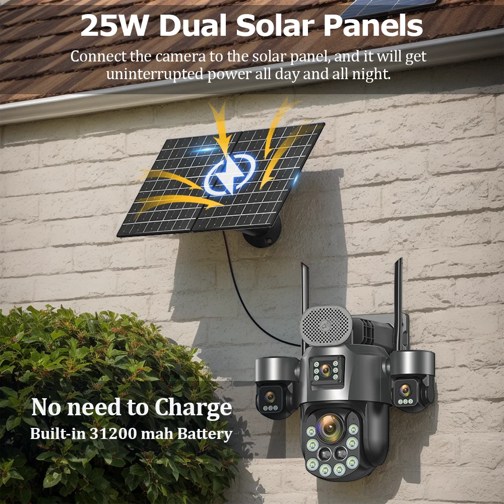 60X Optical Zoom Home Surveillance Solar Cameras 4G Security Protection Auto Track  24/7 Record 4 Screen/4 Lens CCTV PTZ Camera