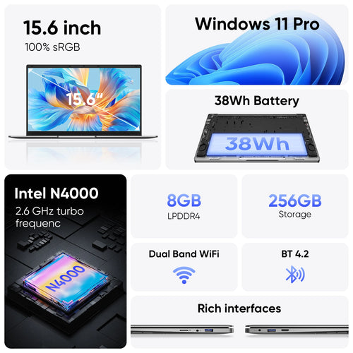 Silver 15.6-inch laptop with thin bezels, showing side-profile port views including USB, HDMI, and headphone jack.