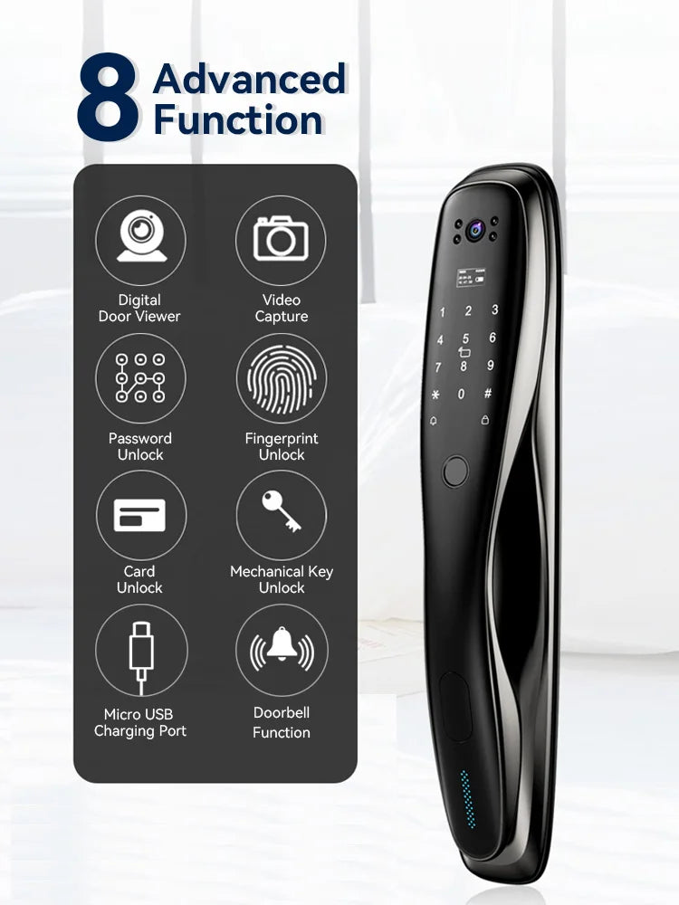 Wifi Outdoor Face Recognition Door Lock System Fingerprint Rf Id Card Keyless Smart Lock Camera Video Capture Rechargeable