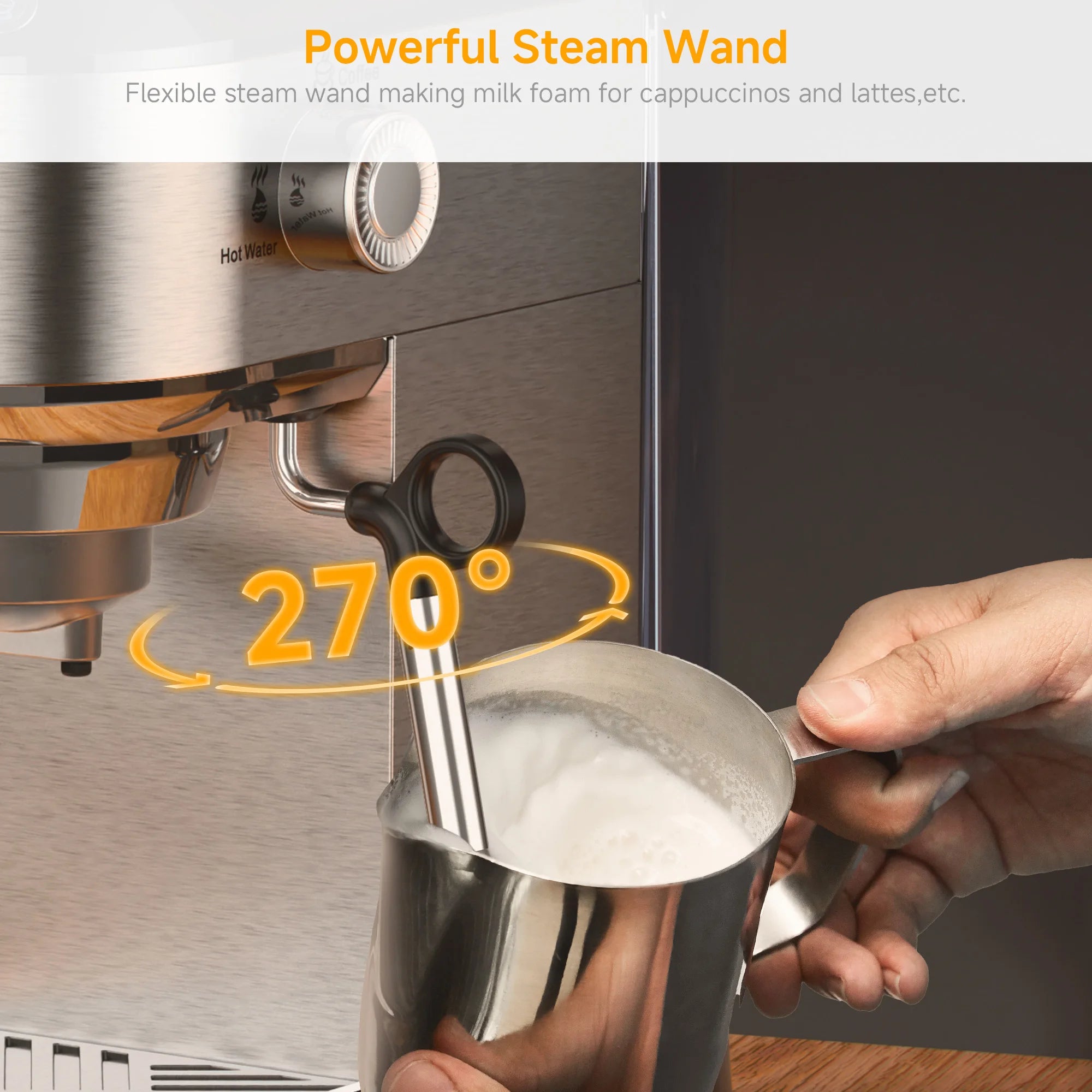 Stainless steel espresso machine with a 270-degree rotatable steam wand frothing milk in a steel pitcher.