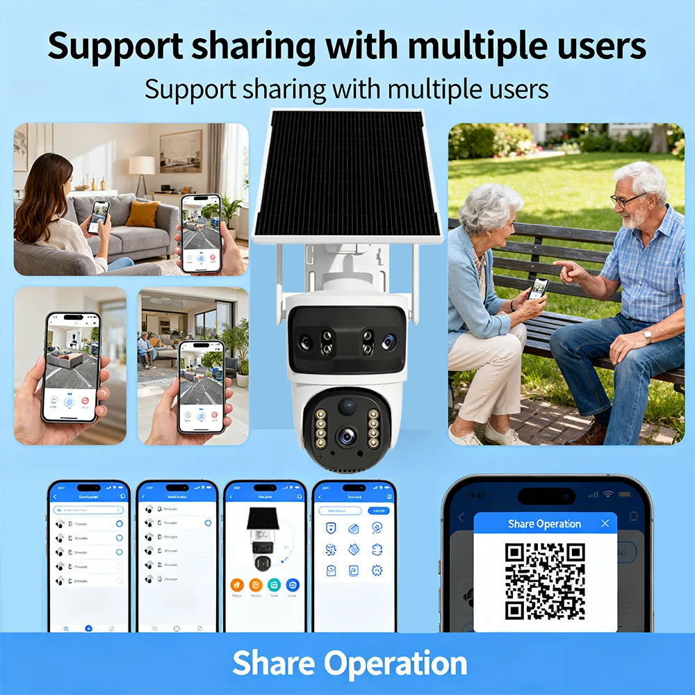 V380 Security Camera 3 Lens 12MP HD 4G Wireless Outdoor Automatic Tracking Humanoid PIR AI Detection 10000mAh PTZ Camera