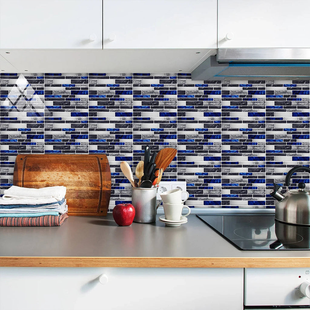 Kitchen backsplash covered with self-adhesive 3D mosaic tile stickers, blue and gray