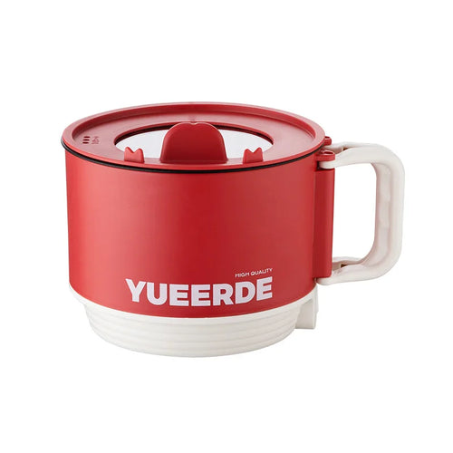 Red electric folding nonstick pot cooker with white handle and lid, YUEERDE logo