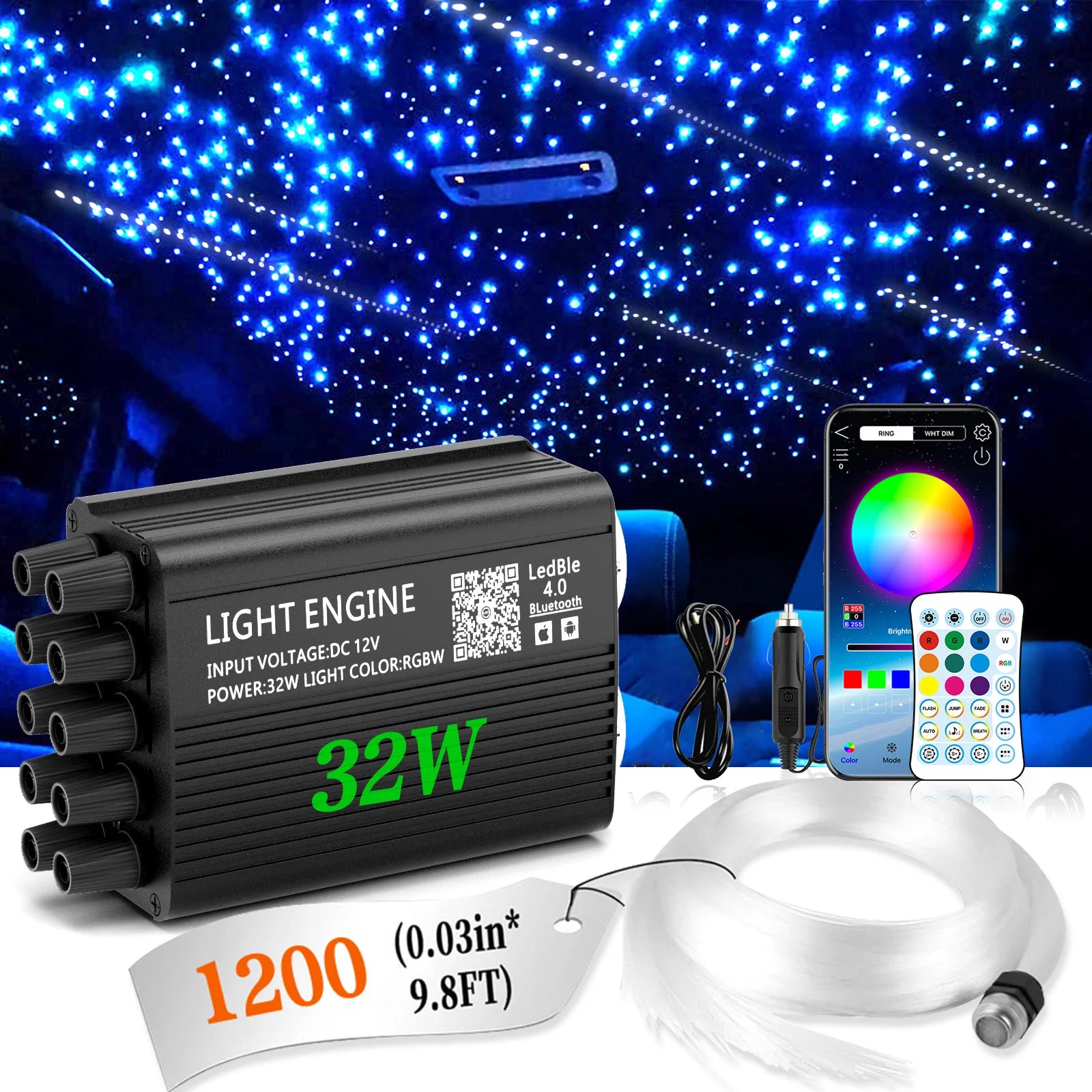 1200PCS Twinkle Starlight Headliner DIY Kit – Fiber Optic Car Ceiling Lights with Meteor Effect, RGBW Modes, Bluetooth Control
