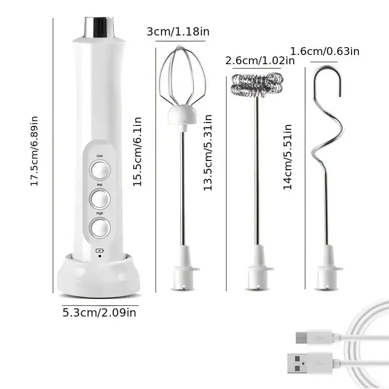 White handheld electric coffee frother with three stainless steel whisk attachments and USB charging cable.