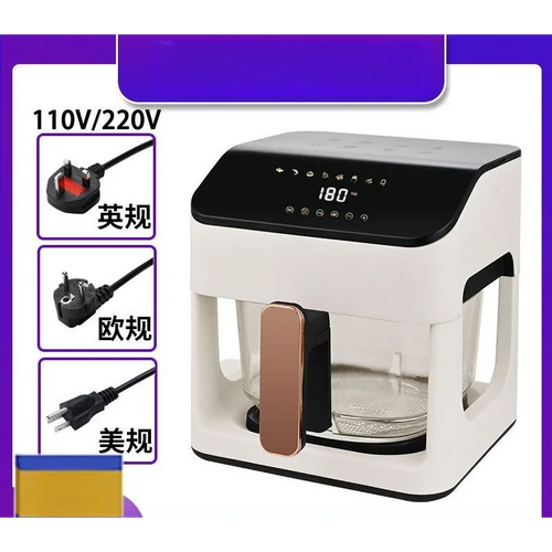 White air fryer with black top panel, rose-gold handle, and transparent cooking pot